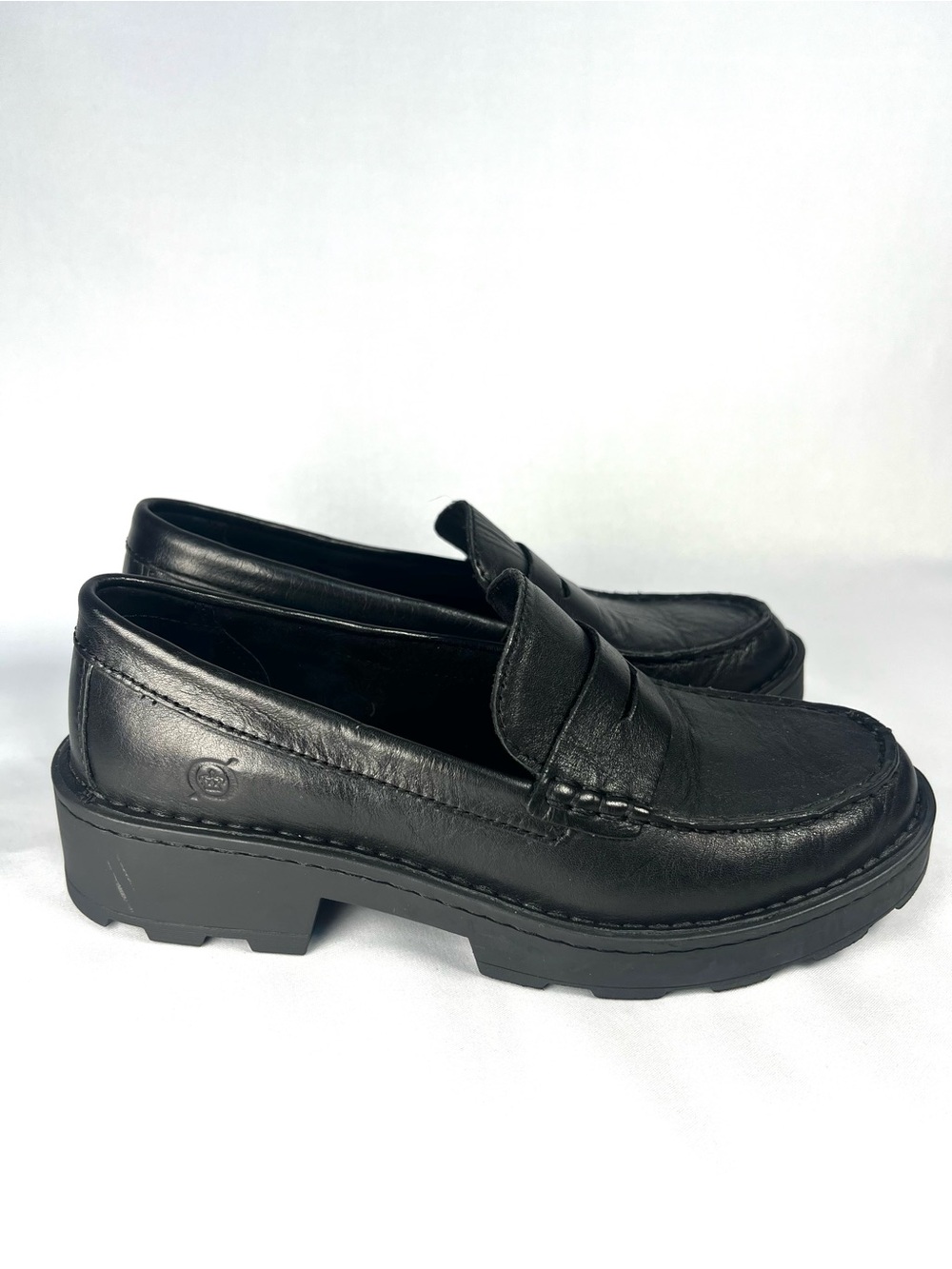 Born Black Leather Lug Sole Loafers Chunky Penny Loafer Shoes Women’s 7